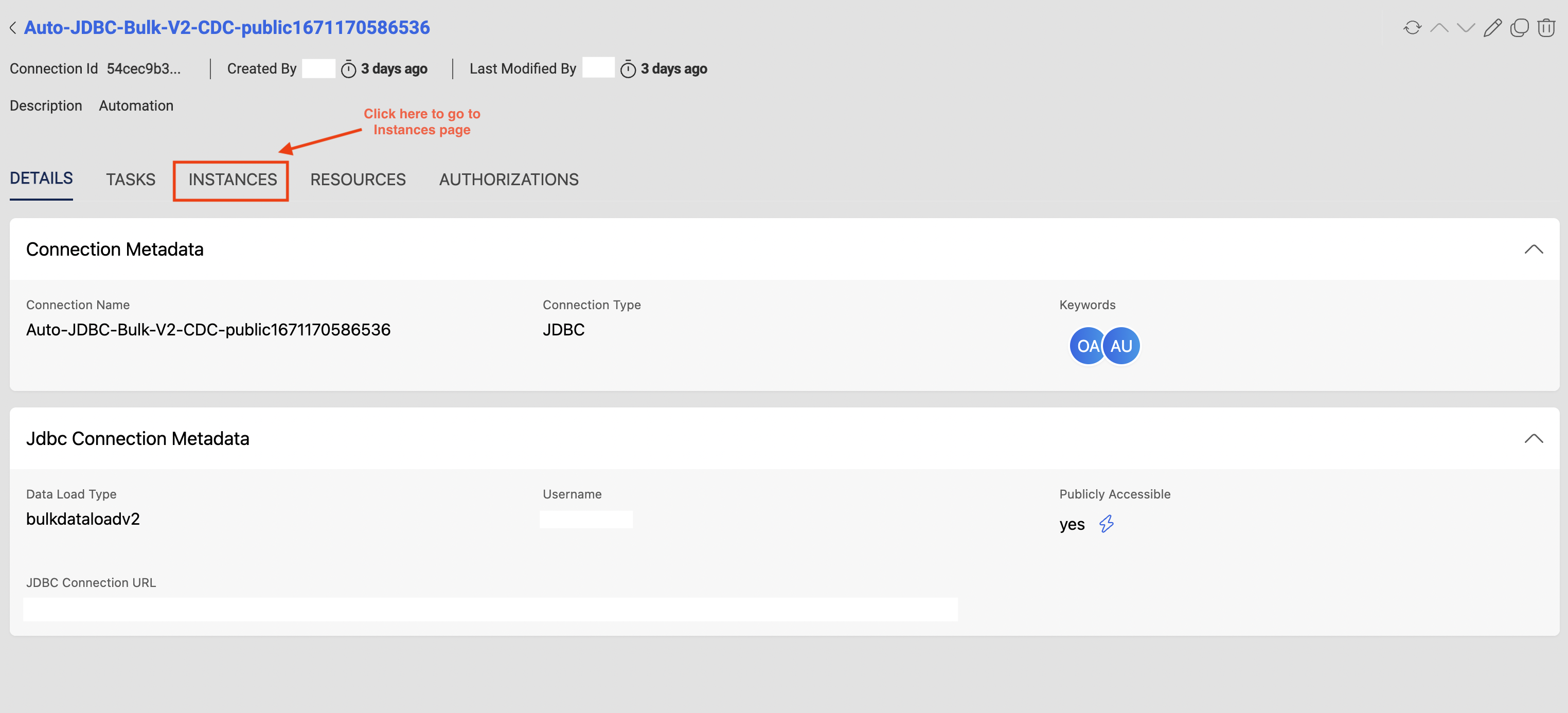 Conn Details page with Shared Instance