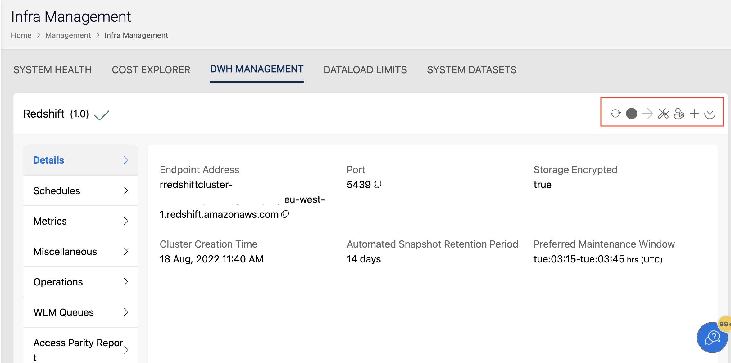 DWH Management cluster actions page