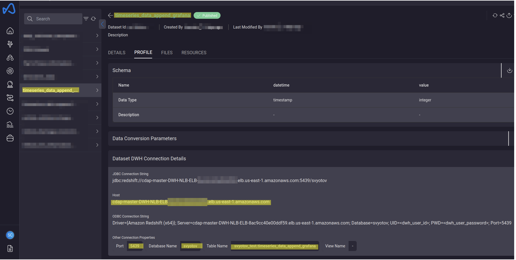 Dataset Connection Details