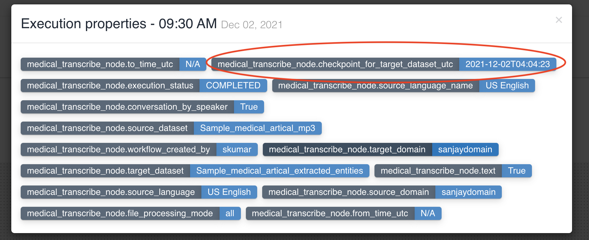 Workflow execution properties updated by medical transcribe node