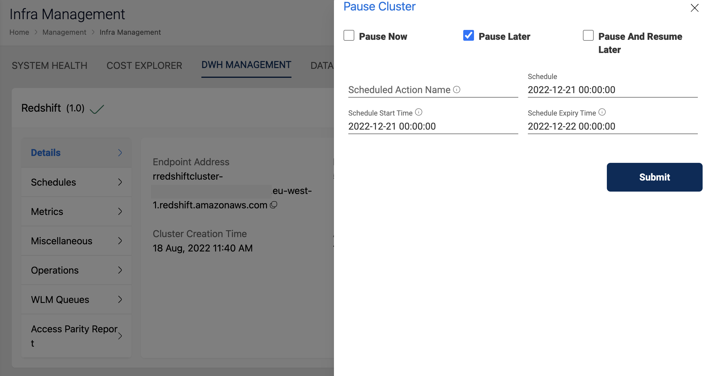 DWH Management Actions Page