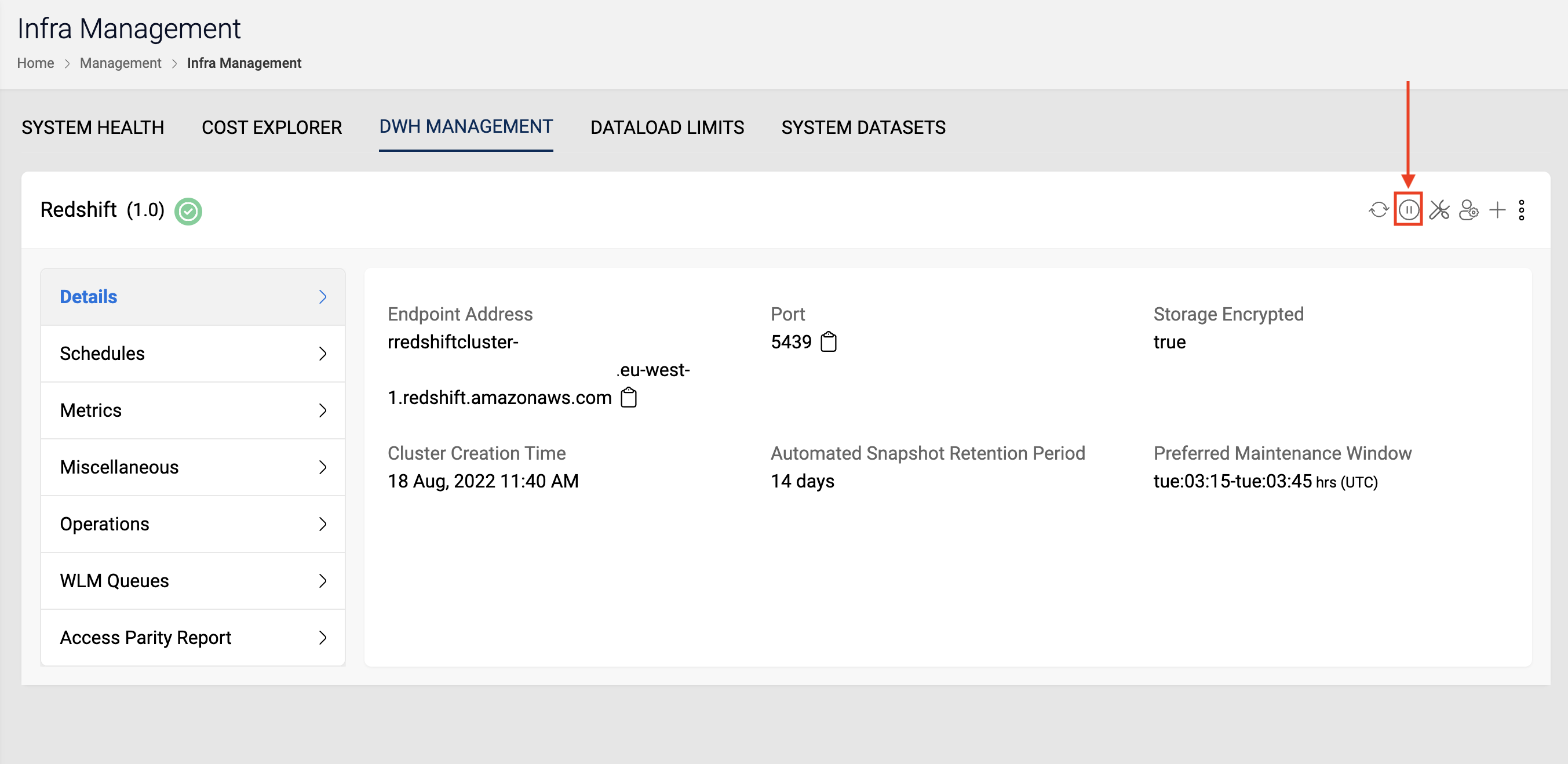 DWH Management Actions Page