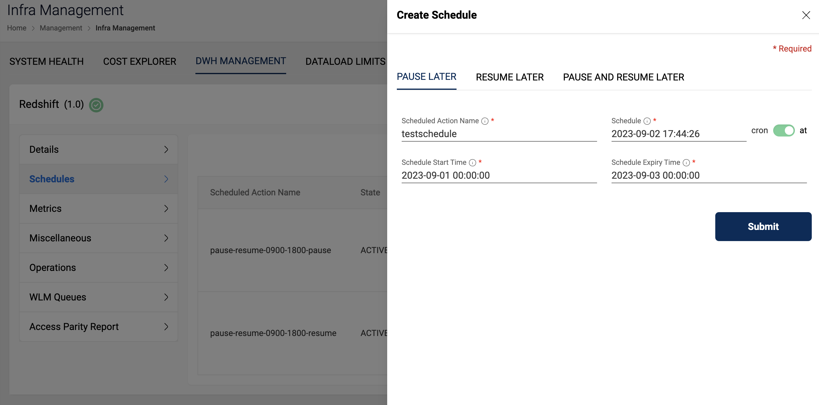 DWH Management Actions Page