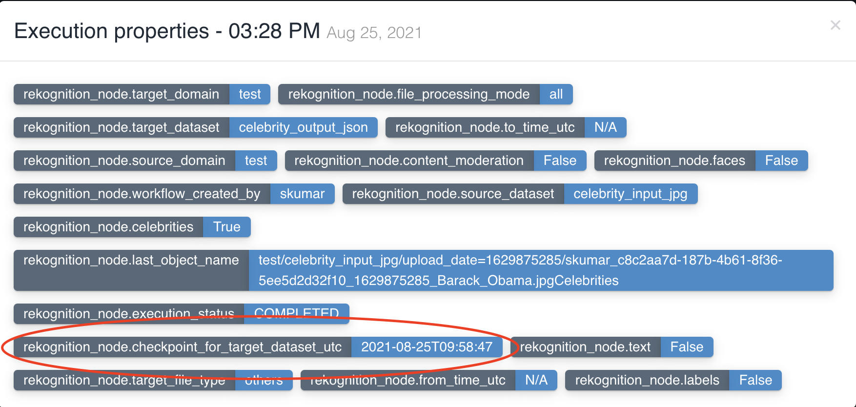 Workflow execution properties updated by rekognition node