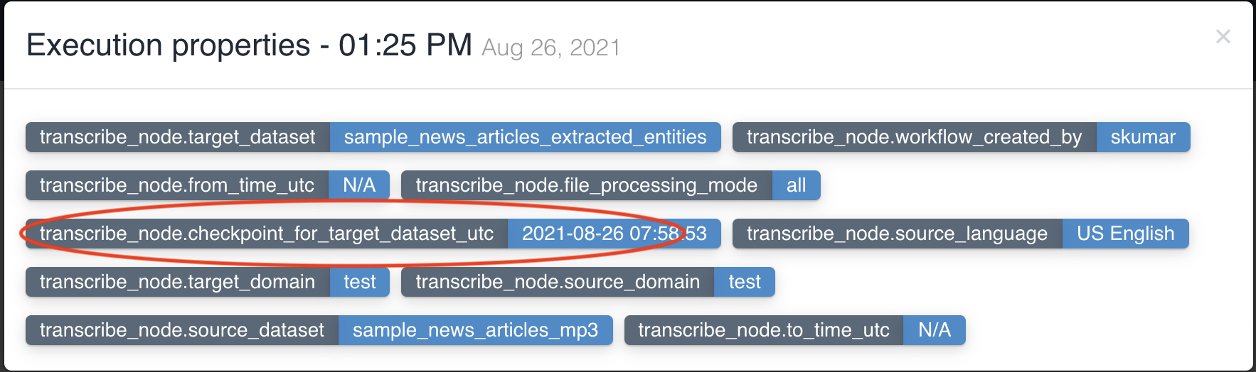 Workflow execution properties updated by transcribe node