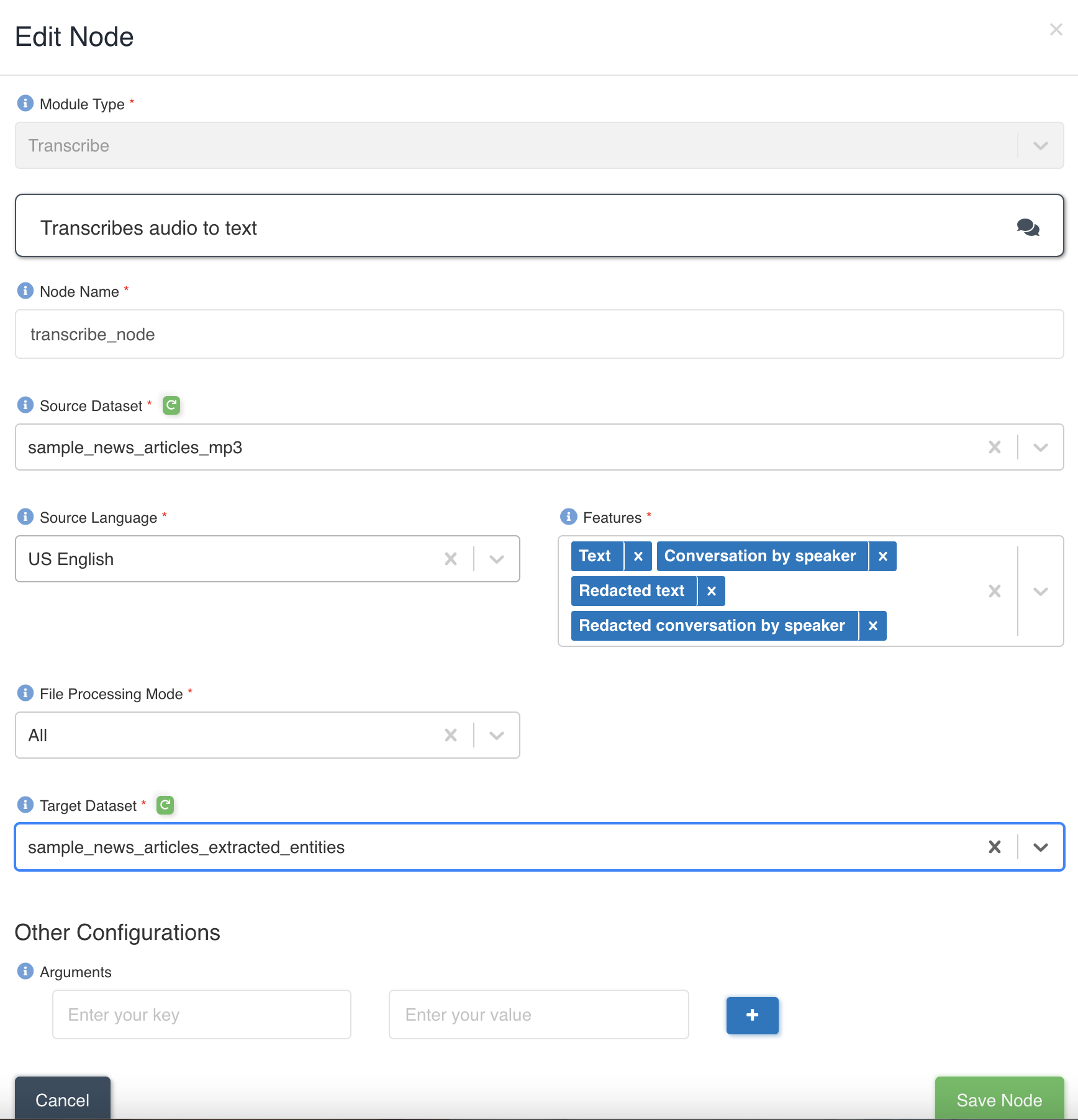 edit transcribe node